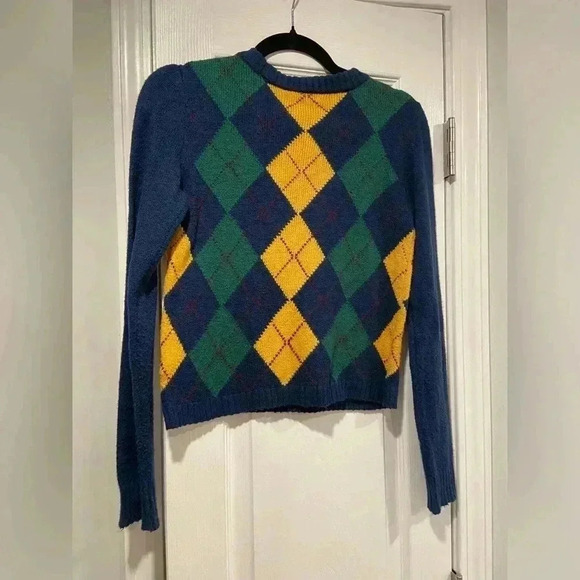 American Eagle Soft Cropped Blue Argyle Crew Neck Pullover Sweater Size XS - Picture 10 of 10